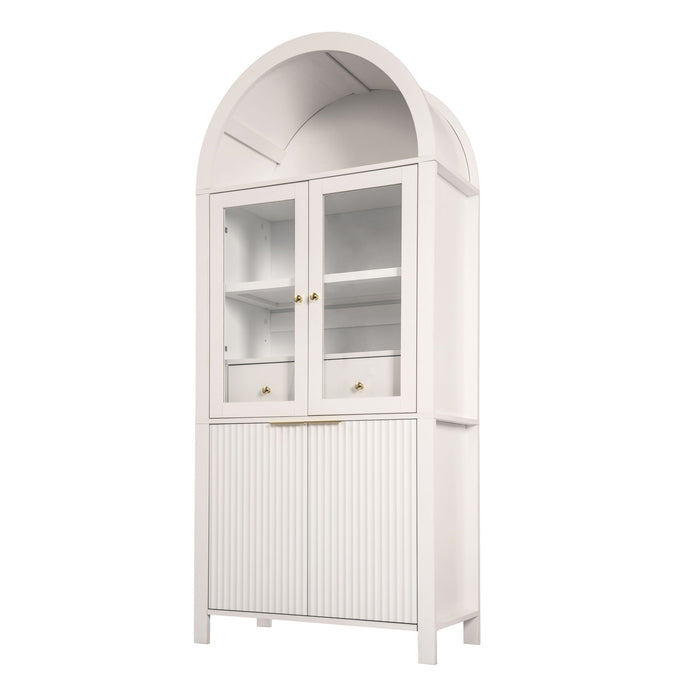 Fluted Tall Arched Pantry Cabinet With Adjustable Shelves, Glass Door & Hidden Drawer For Kitchen