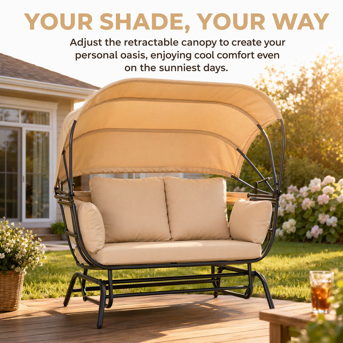 2 Person Egg Shaped Outdoor Swing Chair With Adjustable Canopy - Acacia Wood / Black / Taupe