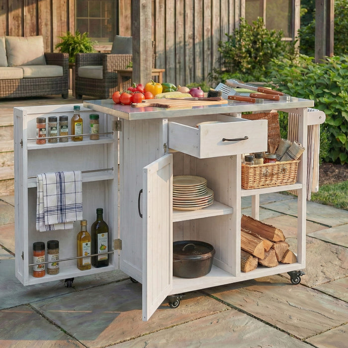 Outdoor Kitchen Island Prep Station With Lockable Wheels, Ample Storage, Towel & Spice Racks