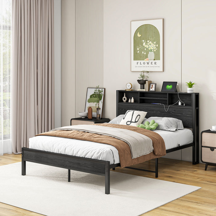 Modern Metal Platform Bed Frame With Storage Headboard And Charging Station