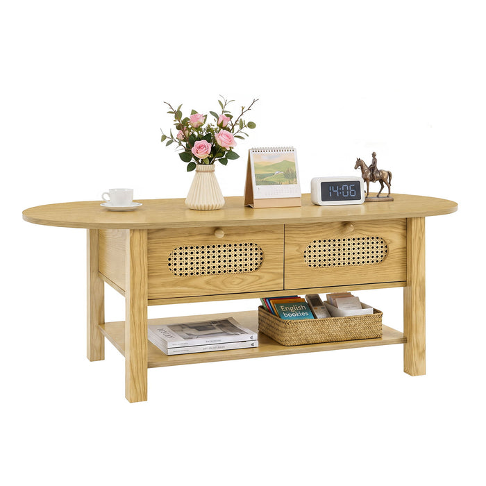 Oval Coffee Table With With 2 Storage Drawers For Living Rooms - Wood