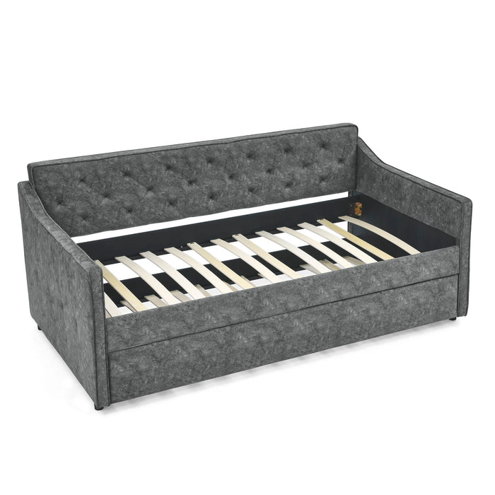 Twin Upholstered Daybed With Trundle, Waved Arms - Gray