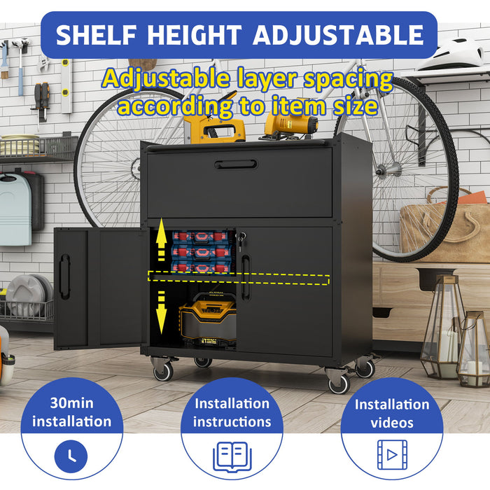 Sturdy And Durable Metal Tool Cabinet For Garage With Wheels Mobile Heavy Duty Storage Cabinet With 1 Drawer And 2 Locking Doors