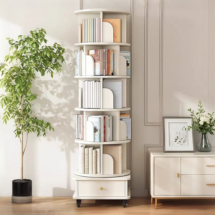 Rotating Bookshelf With Wheels And Drawer, 360° Spinning Design, Space Saving Storage