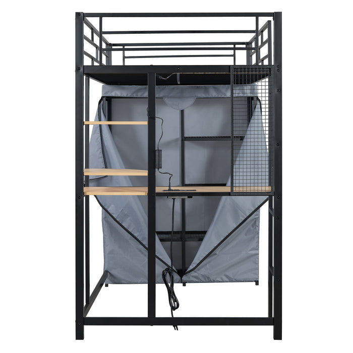 Loft Bed With Desk, Shelves, Power Outlet, LED Light And Wardrobe