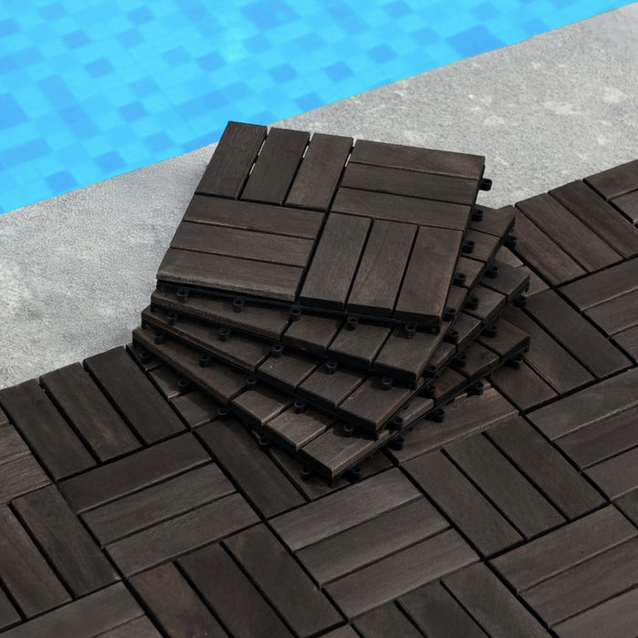 Acacia Wood Interlocking Deck Tiles Checker Pattern For Outdoor Flooring