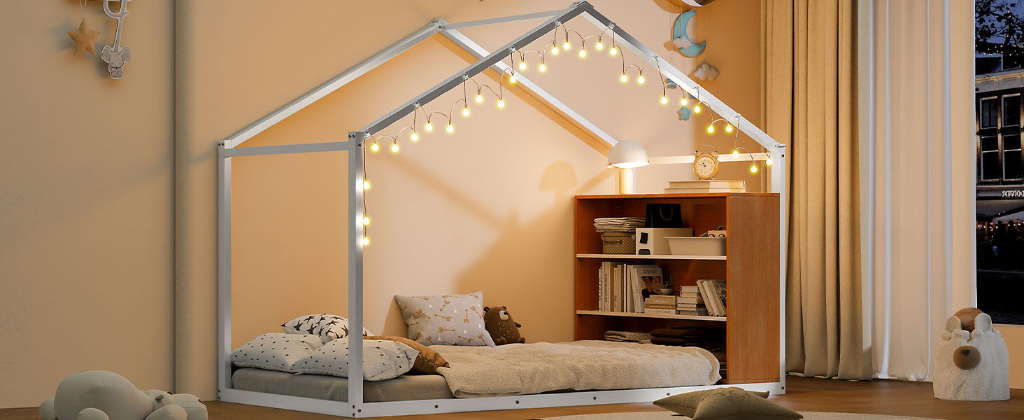 Bed House Frame With Shelves And Lights