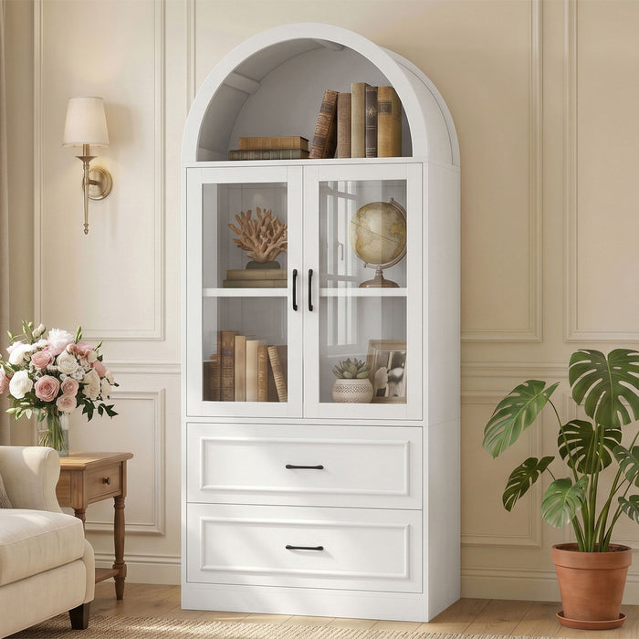 Arched Top Storage Cabinet With Fixed 2 Tier Shelves, 2 Large Drawers