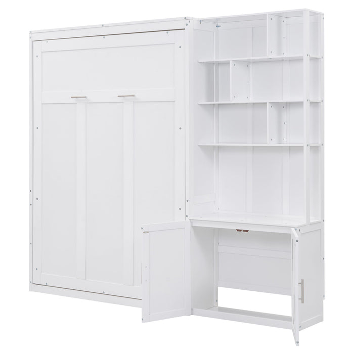 Full Size Murphy Bed With Multiple Storage Shelves And A Cabinet - White
