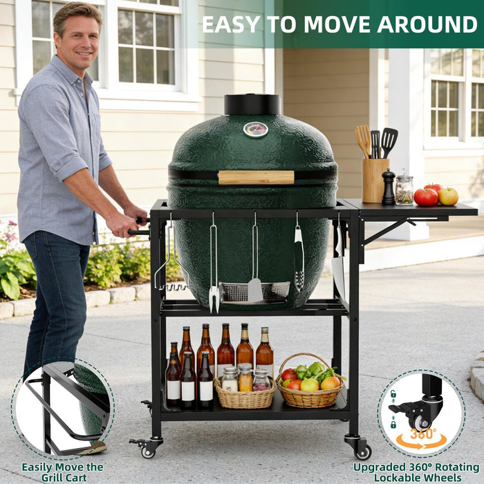 Outdoor Grill Table, Prep Cart With Wheels, Storage Shelf And Hooks - Black