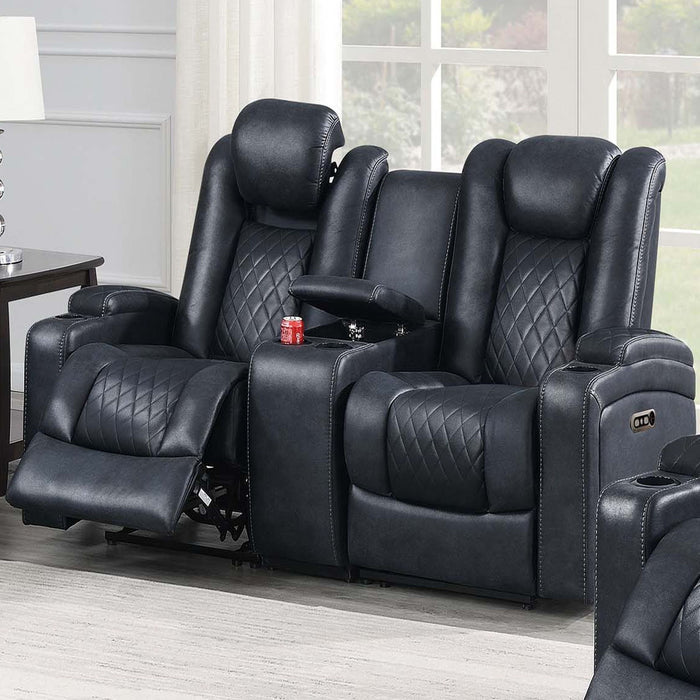 Power Reclining Loveseat With Adjustable Headrest, Storage, Cup Holders - Inky Blue