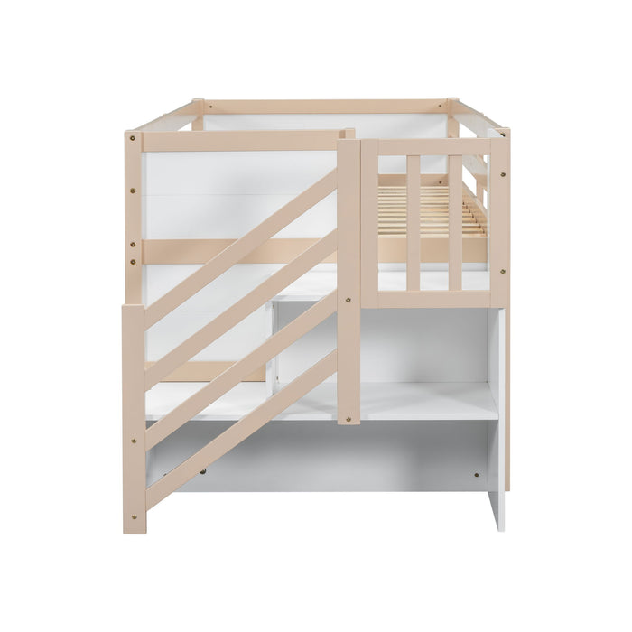 Low Loft Bed With Stair, Drawer, And Shelf