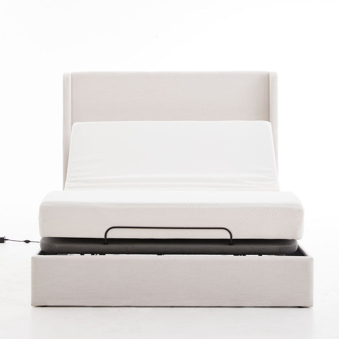 Caron - Queen Size Upholstered Wingback Bed With Adjustable Base Bundle Set - Ivory
