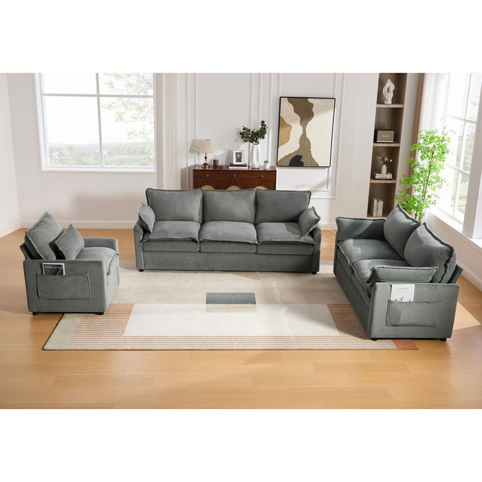Modern Sofa Set With Double Layer Cushion And Side Storage Pockets
