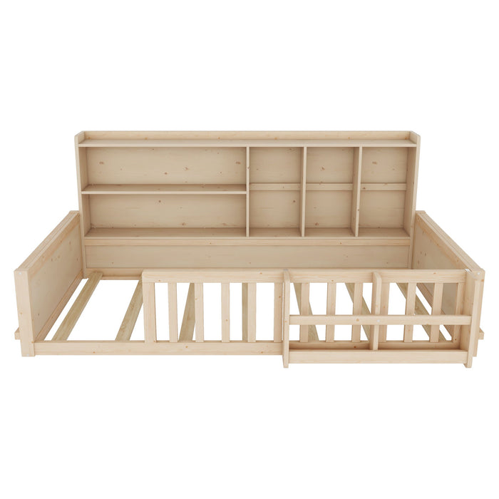 Platform Bed Frame With Guardrail, Storage Shelves & Bookshelf