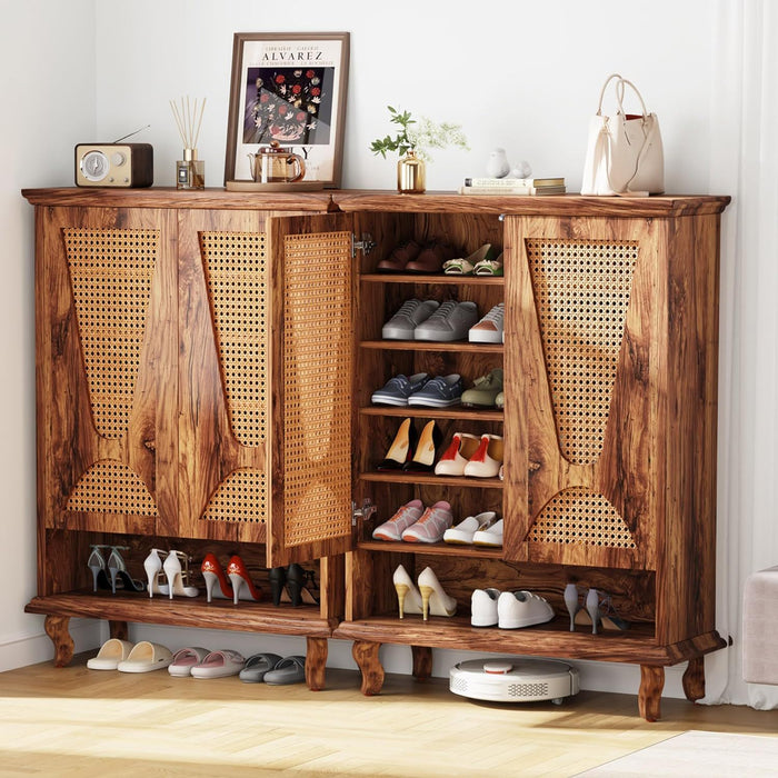 Shoe Cabinet With 5 Tier Freestanding Organizer, Ventilated Doors - Natural Wood