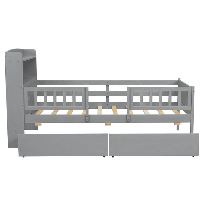 Platform Bed With LED Light, Multi Functional Headboard, Guardrail And 2 Drawers