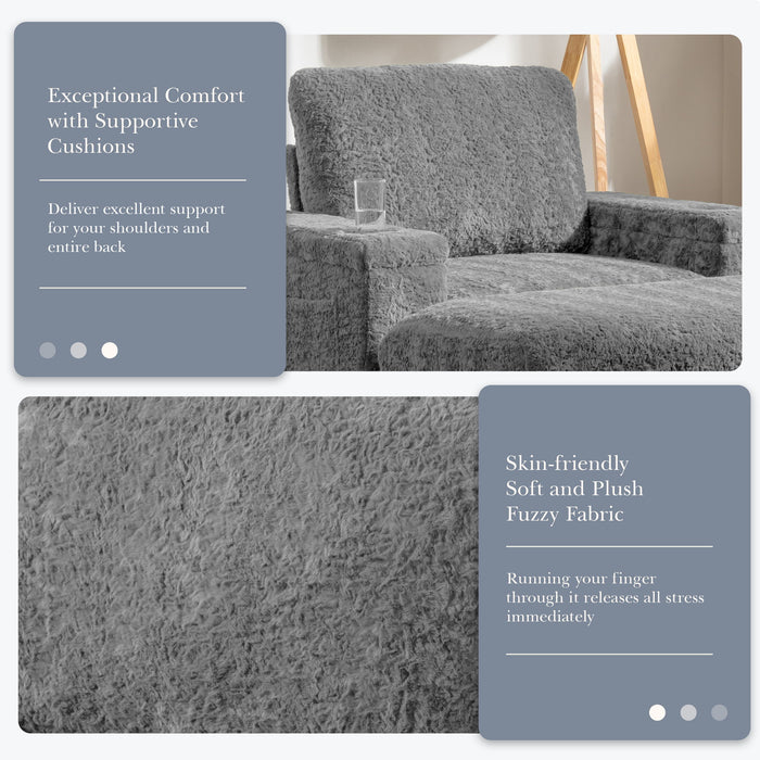 Oversized Chaise Lounge Indoor Rabbit Fur Sofa Bed With Storage Ottoman And Armrests Cup Holders With Deep Seat