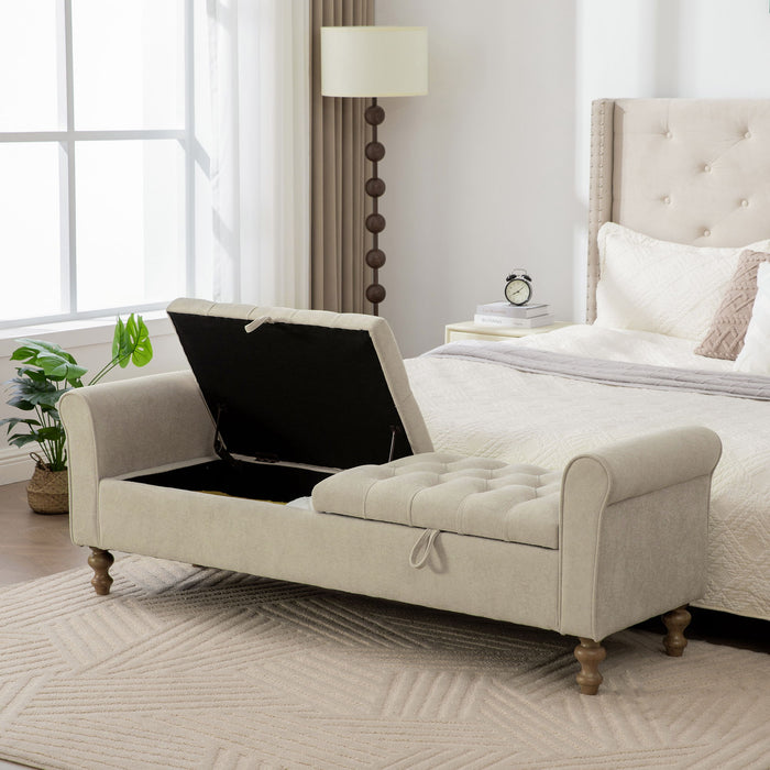 Napped Storage Bench With Rolled Armrest - Griege