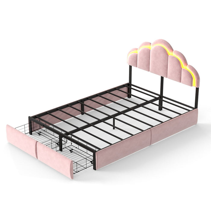 Full RGB LED Upholstered Platform Bed With Petal Headboard And Storage Drawers For Kids Bedroom - Pink