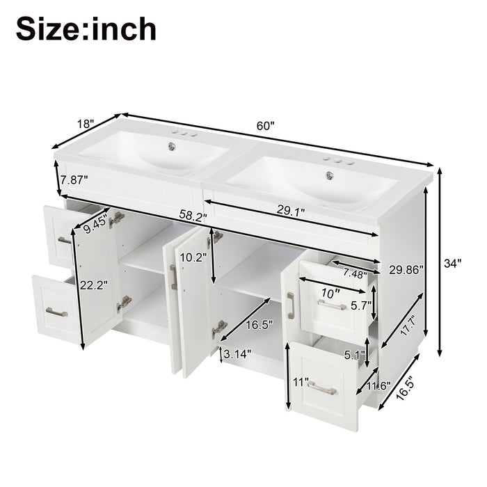 Bathroom Vanity With 4 Cabinet Doors, 4 Drawers, Dual Sinks, Hidden Soft Close Slides And Hinges - White