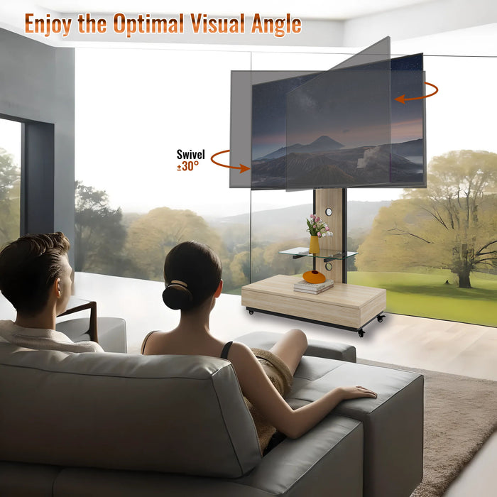 Mobile TV Cart With Push Pull Drawer, Lockable Wheels