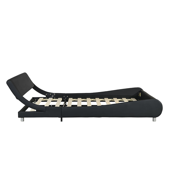 Queen Size Upholstered Platform Bed Frame With LED Lighting, Curve Design, Slat Support, No Box Spring Needed - Black