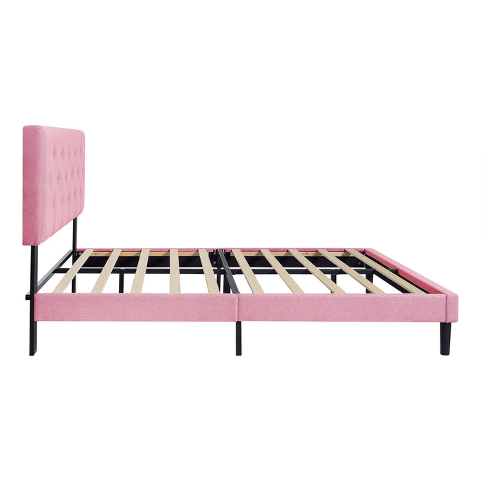 Modern Upholstered Platform Bed Frame With Button Tufted Linen Fabric Headboard