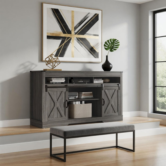 Farmhouse TV Stand With Sliding Barn Doors & Adjustable Storage