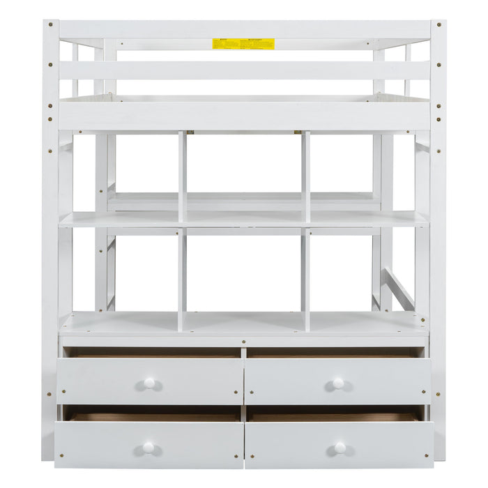 Full Size Loft Bed With Built In Desk, 2 Drawers, Storage Shelves - White