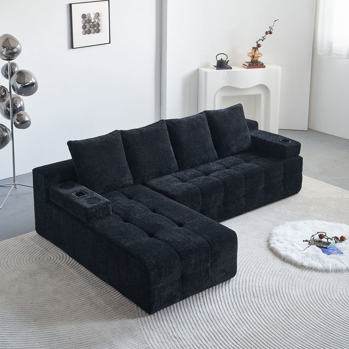L - Shaped Sectional Sofa With Side Pockets, Wireless Charging, USB Ports, Cup Holder, Bluetooth Speaker, Reversible Lounge Chaise - Black