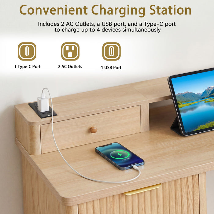 Fluted L-Shaped Desk With Charging Station & Storage Cabinet