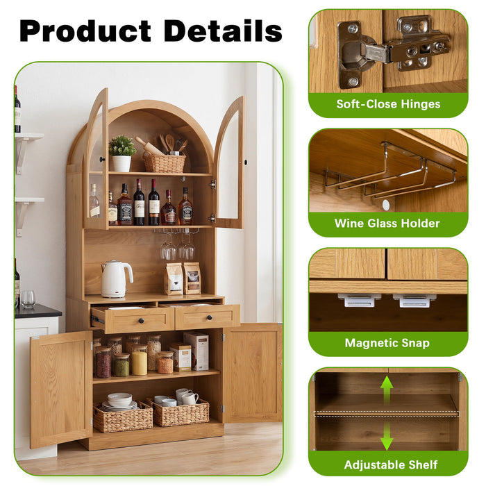 Tall Arched Pantry Cabinet With Charging Station, Adjustable Shelves, Coffee Bar
