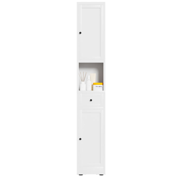 Tall Bathroom Storage Cabinet, 5-Tier Narrow With 2 Doors & Adjustable Shelves, Freestanding - White