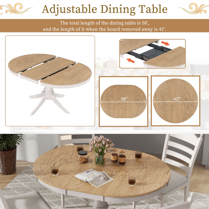 5 Piece Retro Functional Dining Table Set With Extendable Round Table And Upholstered Chairs