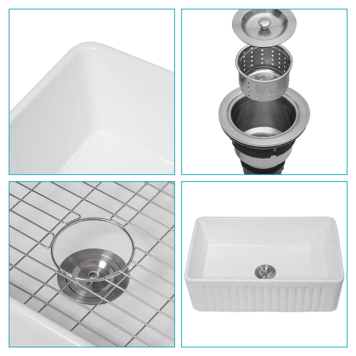 Elegant Farmhouse Apron Front Ceramic Single Bowl, Kitchen Basin