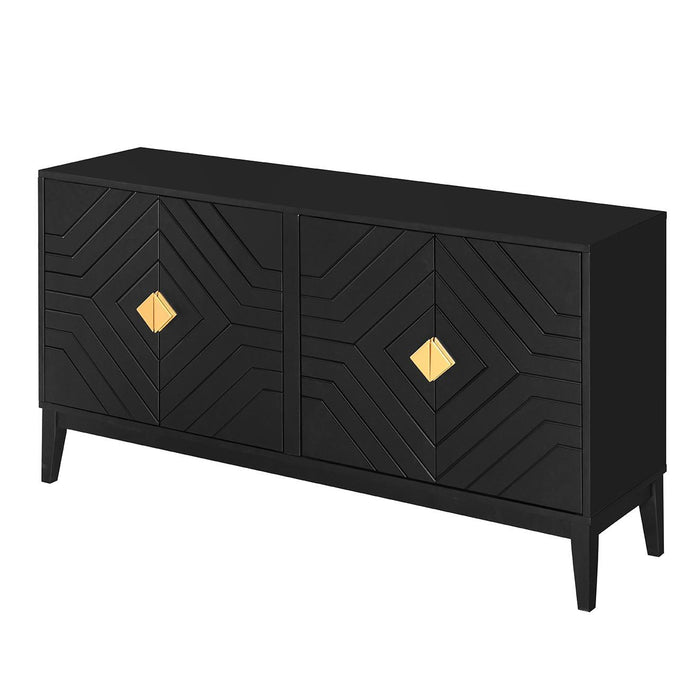 4 Door Sideboard Storage Cabinet For Living Room And Dining Room, 2 Large Cabinets With Gold Handles And Adjustable Shelf - Black