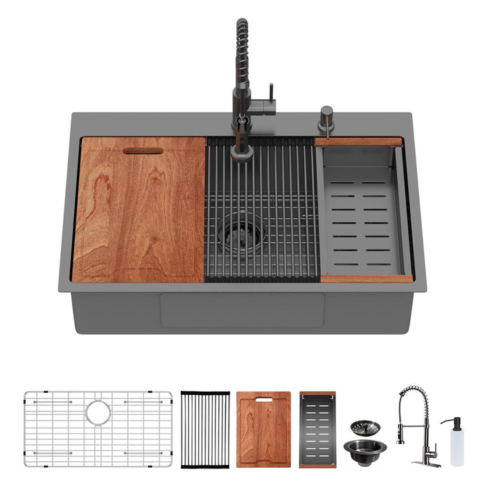 Drop In Workstation Sink Topmount Single Bowl With Pull Out Faucet And Soap Dispenser - Gunmetal Black