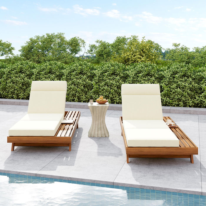 Acacia Wood Lounge Chaise Set With Headrest And Water Resistant Cushions - Beige