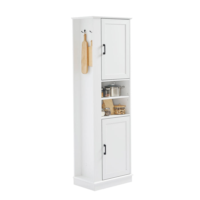 Tall Freestanding Bathroom Storage Cabinet With Adjustable Shelves And Side Hooks Board, Rectangle Design