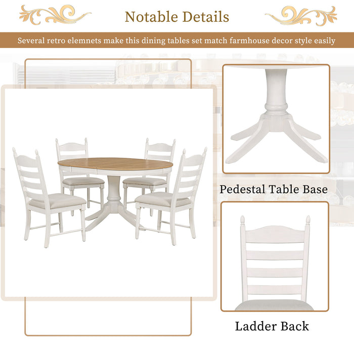 5 Piece Retro Functional Dining Table Set With Extendable Round Table And Upholstered Chairs