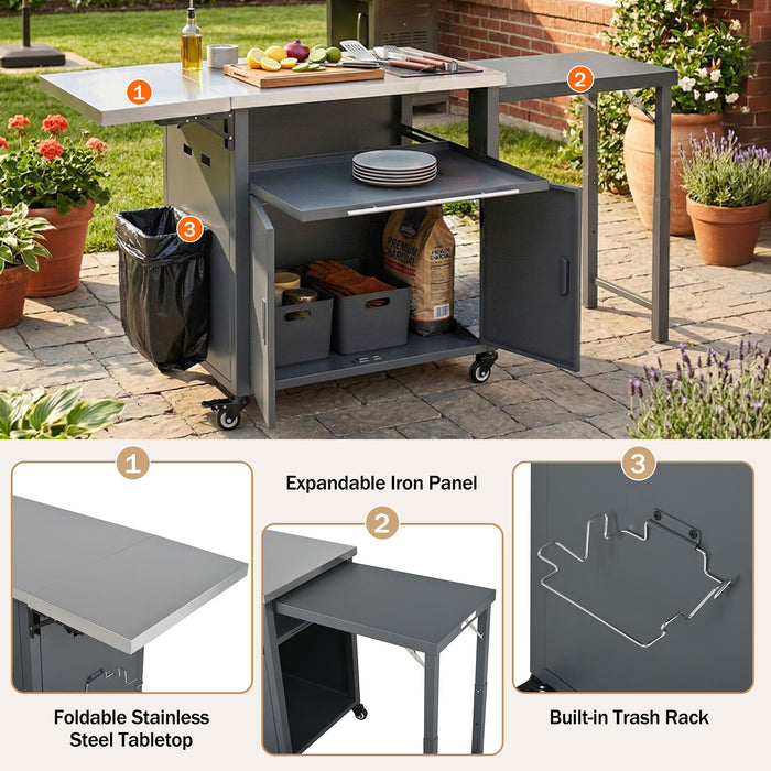 Foldable Outdoor Prep Station BBQ Cart With Trash Rack
