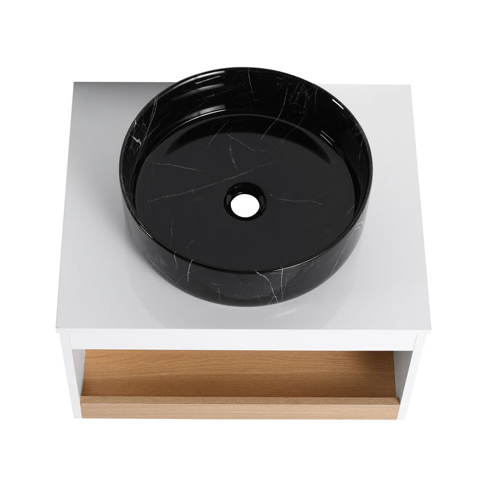 Floating Bathroom Vanity With Vessel Sink With Open Shelf Storage