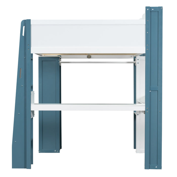 Loft Bed With Built In Storage Shelves, Clothes Rail, And Desk