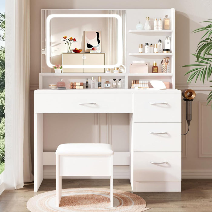 Vanity With LED Mirror And Storage Drawers For Bedrooms - Cream White