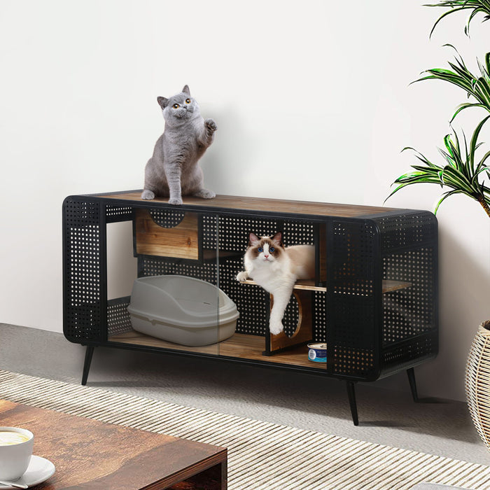 Modern Spacious Cat House With Tempered Glass And Iron Frame For Living Room - Black / Brown