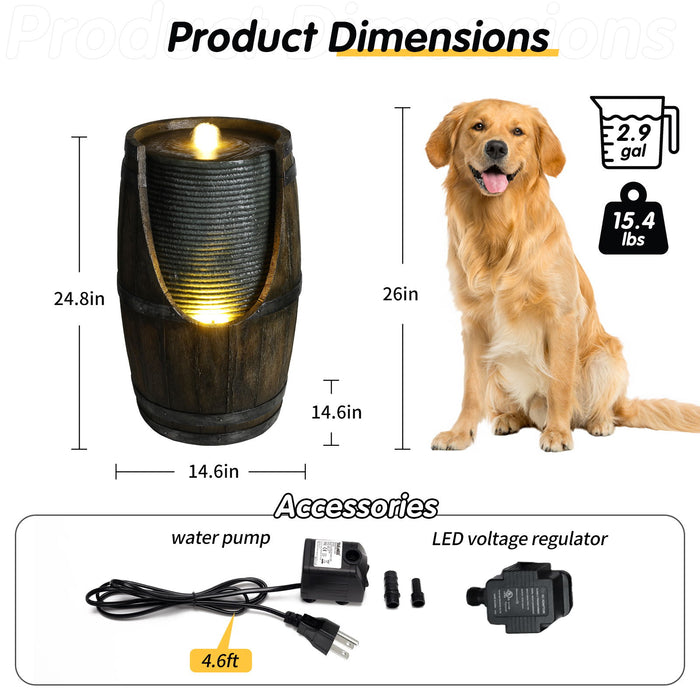 Rustic Barrel Water Fountain With LED Light
