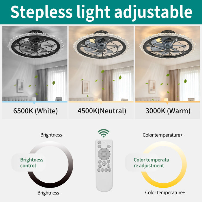 Caged Ceiling Fan & Remote Controlled Dimmable LED Lights, Flush Mount Fan, Low Profile Design - Antique Black