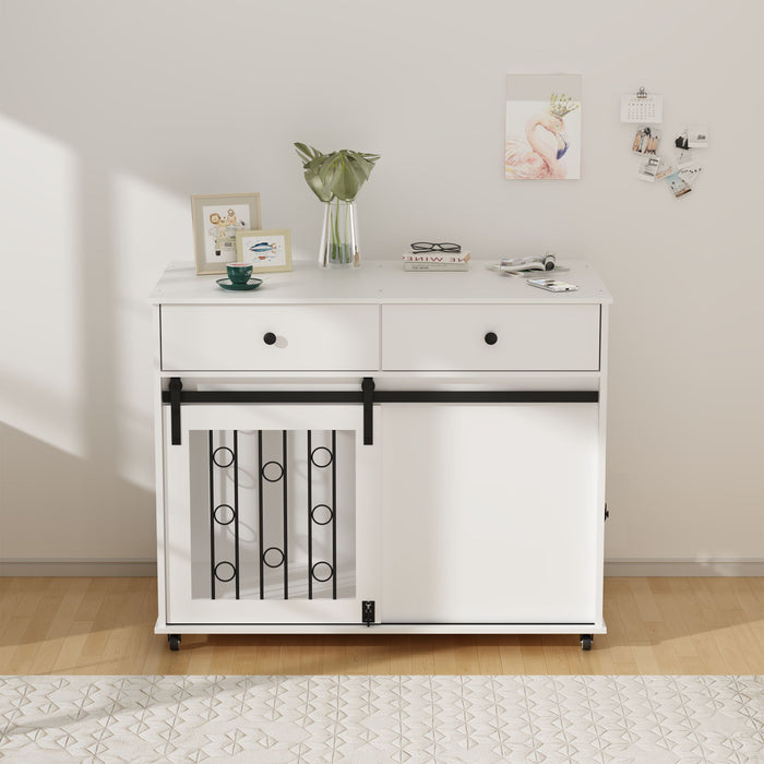 Dog Crate Furniture With Double Drawers And Sliding Barn Door, Pet Kennel For Small To Medium Dogs - White
