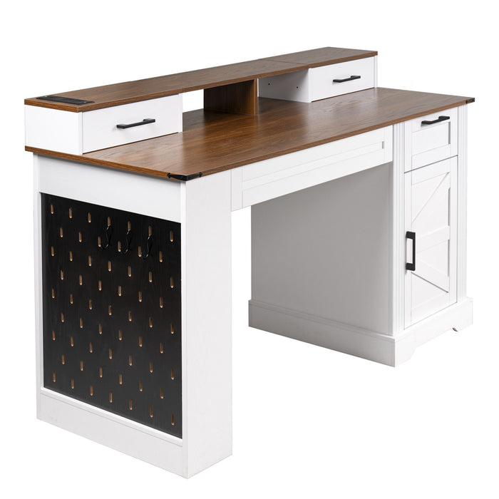Office Desk With Storage Cabinet, Charging Station, Monitor Stand & Pegboard